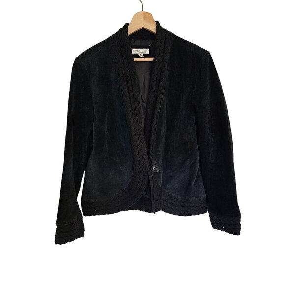 Coldwater Creek Leather Embroidered Blazer Size Medium Black Suede boho button - Picture 1 of 11